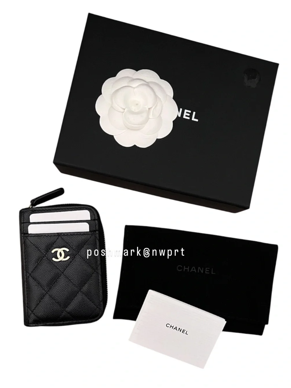 CHANEL 💯 Caviar Quilted CC Zip Zipped Card Holder Coin Wallet Black Gold Box